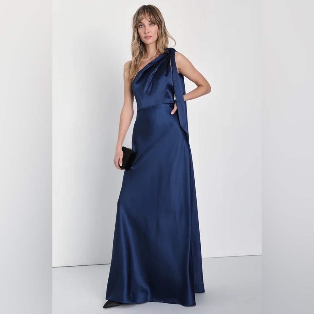 Lovely Refinement Navy Blue Satin Cutout One-Shoulder Maxi Dress